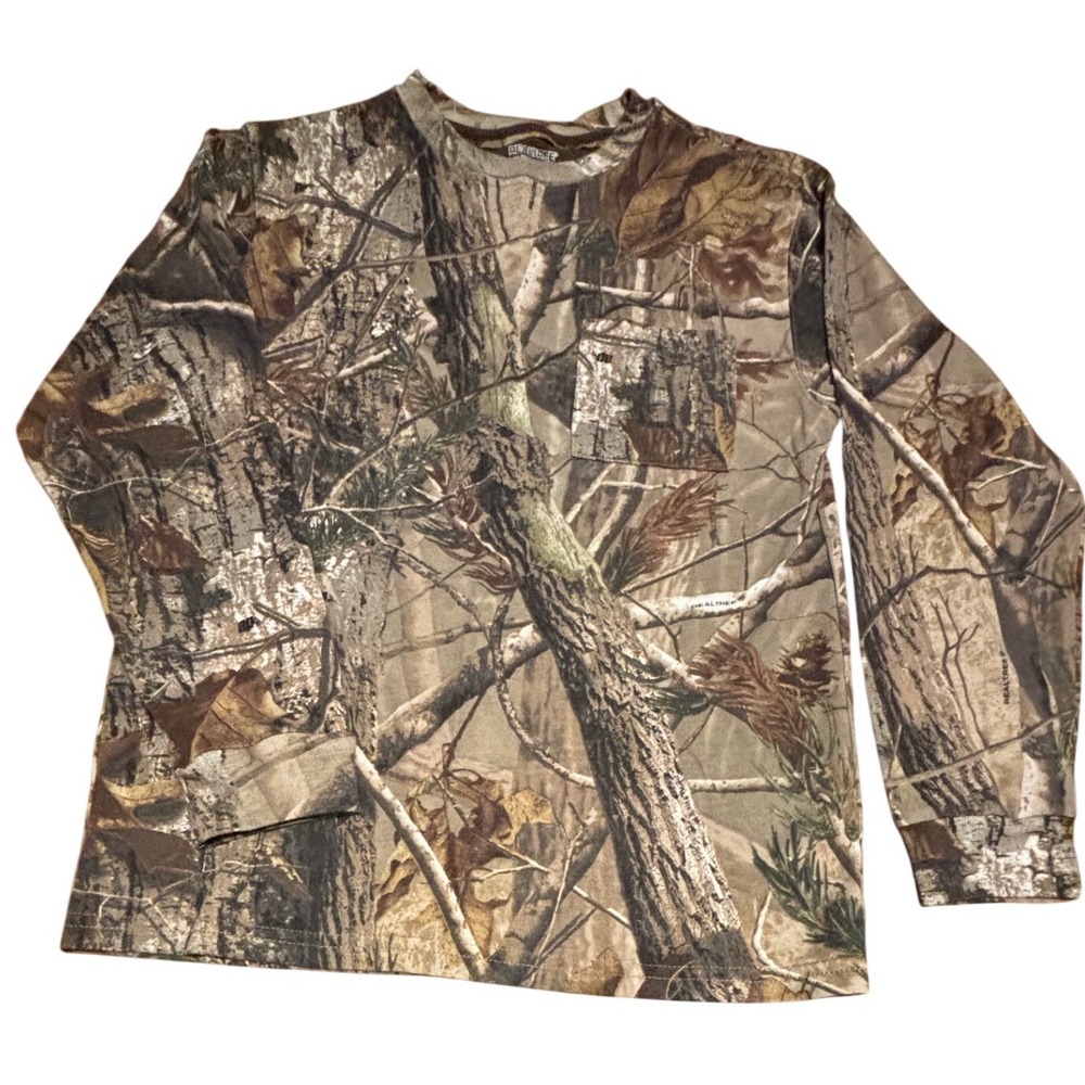 Realtree Boys Camo Long Sleeve Pocket T-Shirt Brown Forest Size XL 14-16 Hunting